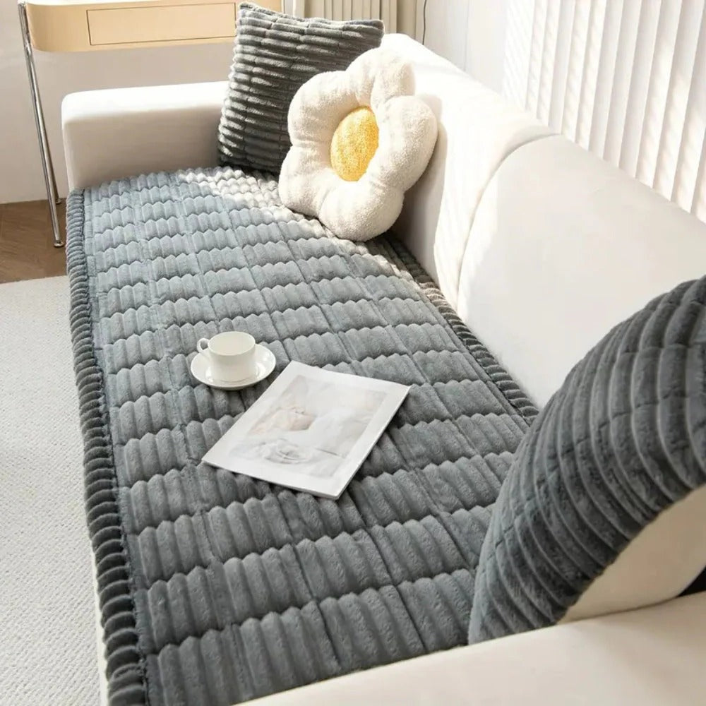 Sofa Cover with Plush Fabric Pleated Edge Protective Fit - Lenila