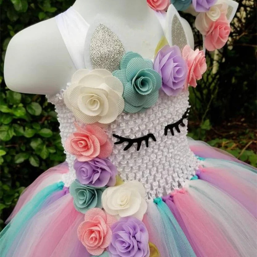Girls Princess Gown with Tulle Rainbow Unicorn Tutu