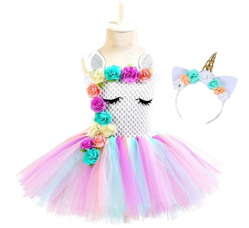 Girls Princess Gown with Tulle Rainbow Unicorn Tutu