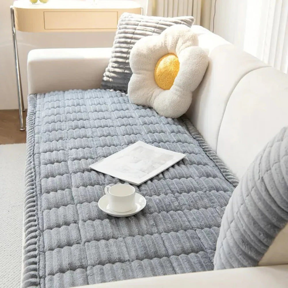 Sofa Cover with Plush Fabric Pleated Edge Protective Fit
