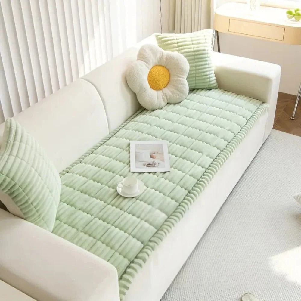 Sofa Cover with Plush Fabric Pleated Edge Protective Fit