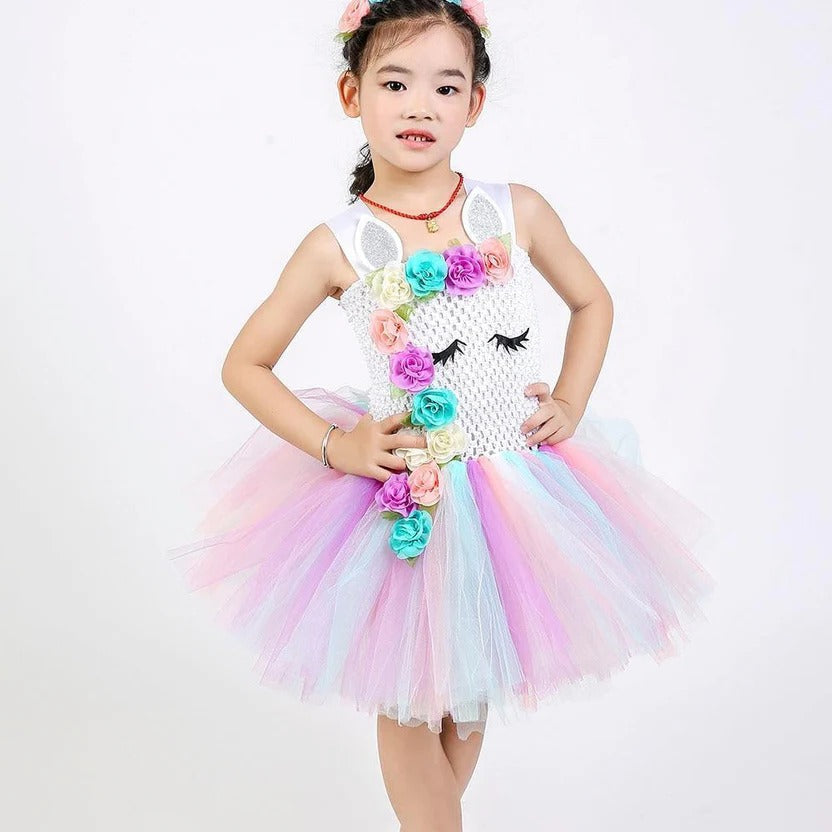 Girls Princess Gown with Tulle Rainbow Unicorn Tutu
