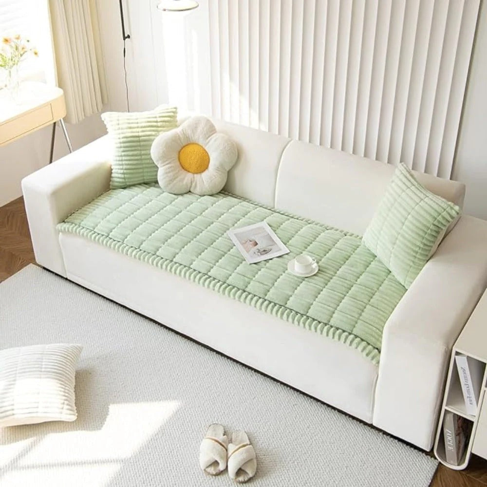 Sofa Cover with Plush Fabric Pleated Edge Protective Fit