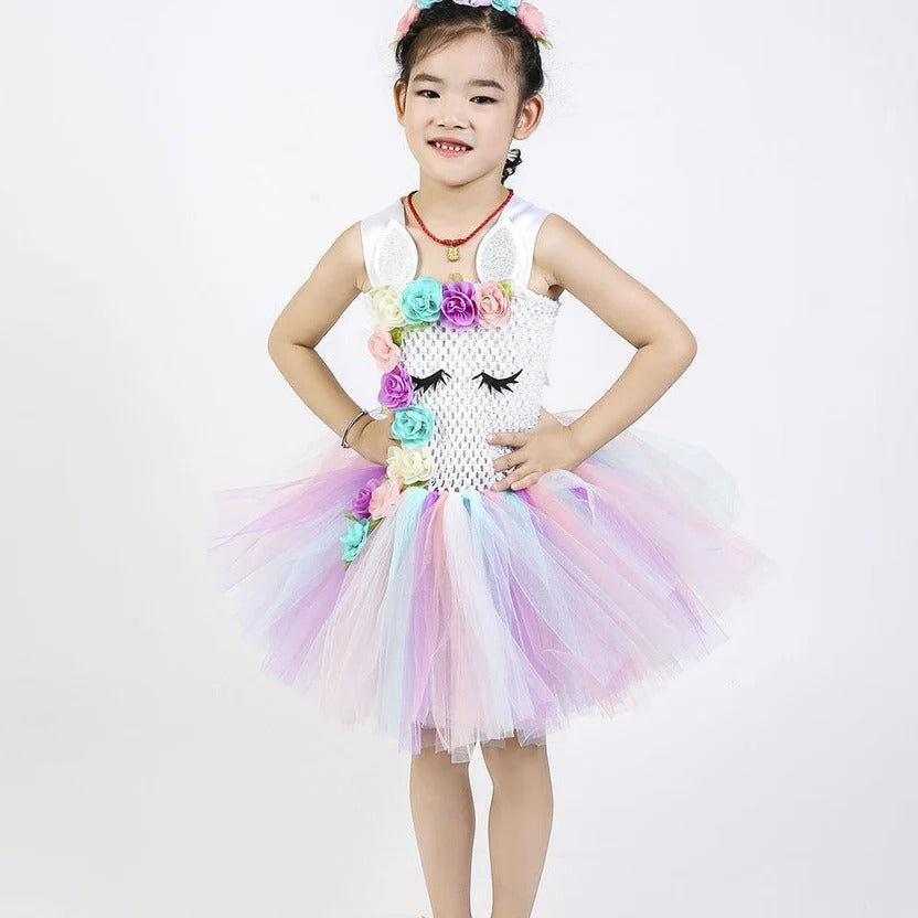 Girls Princess Gown with Tulle Rainbow Unicorn Tutu