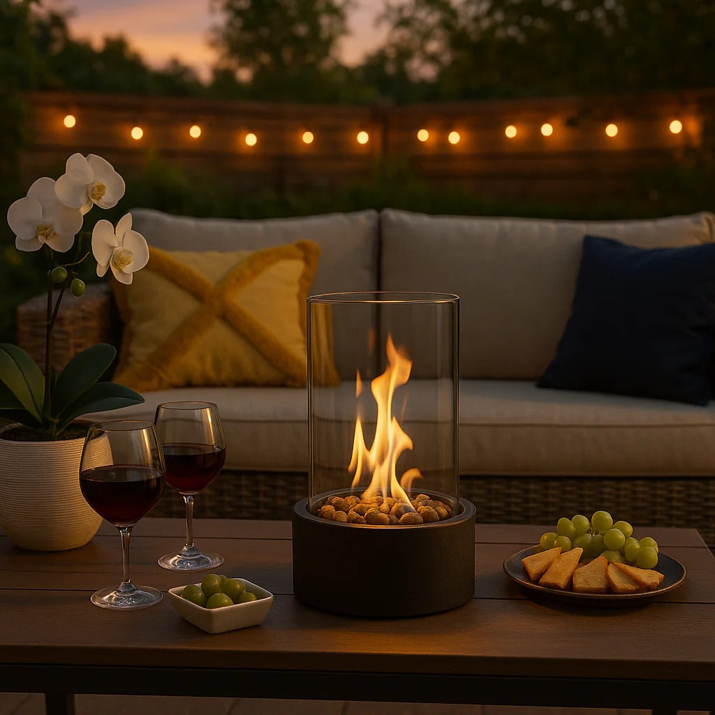 Indoor Tabletop Fireplace Glass and Metal Compact Design