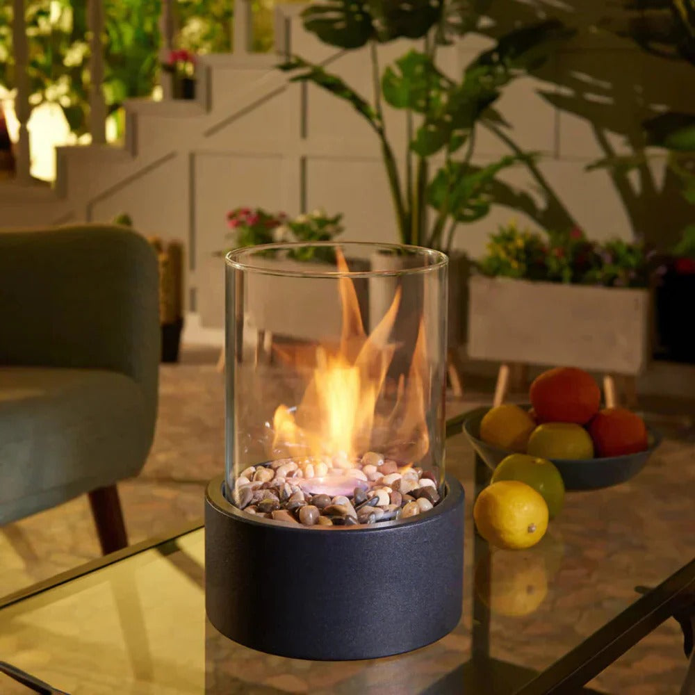 Indoor Tabletop Fireplace Glass and Metal Compact Design