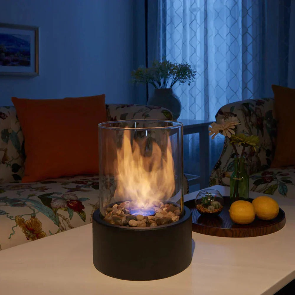 Indoor Tabletop Fireplace Glass and Metal Compact Design