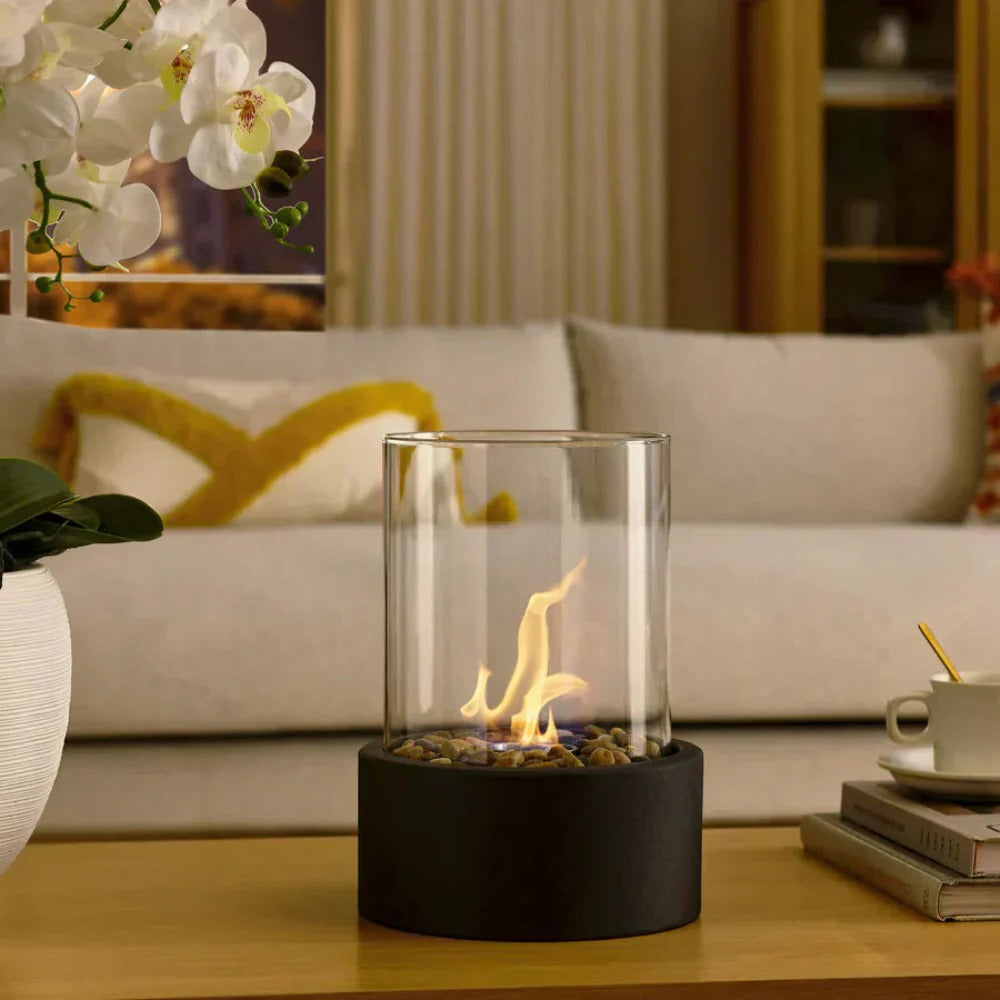 Indoor Tabletop Fireplace Glass and Metal Compact Design
