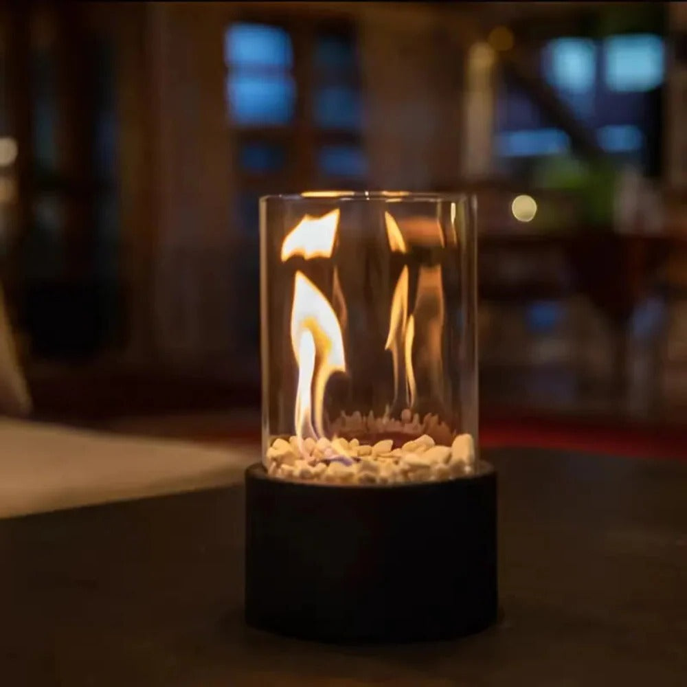 Indoor Tabletop Fireplace Glass and Metal Compact Design