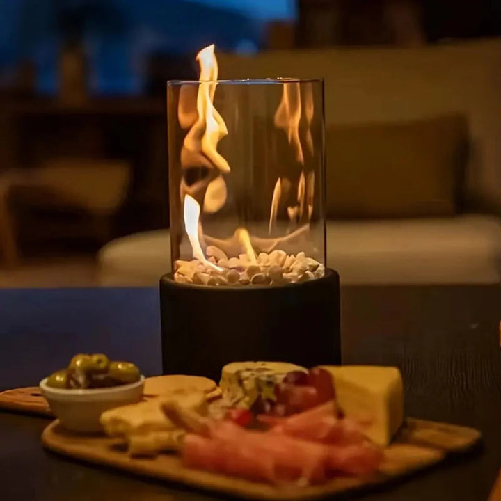 Indoor Tabletop Fireplace Glass and Metal Compact Design