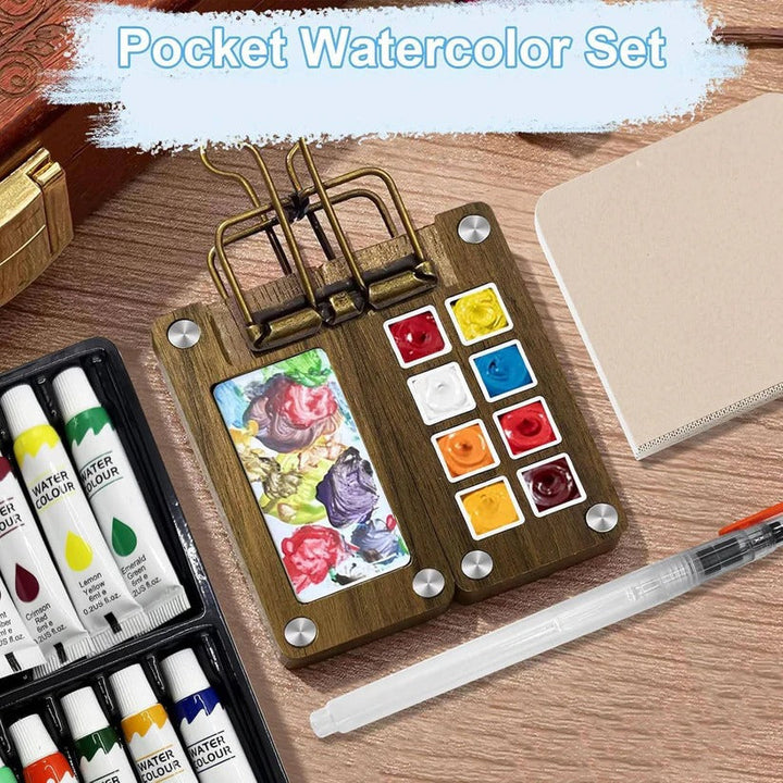 Travel Watercolor Palette Set with Brush and Mini Sketchbook