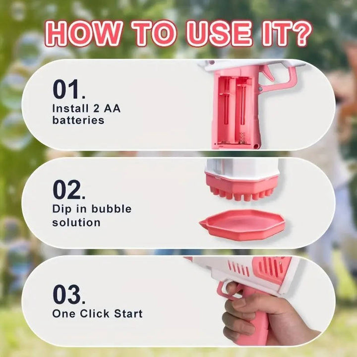 Kids Bubble Gun Toy Automatic Gatling Style with LED Lights