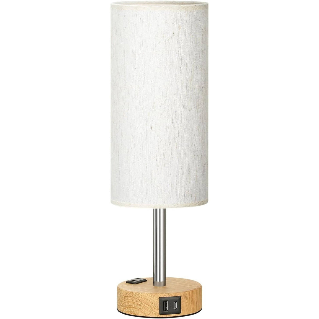 Bedside Table Lamp with Wood Base USB-C Charging Ports and AC Outlet