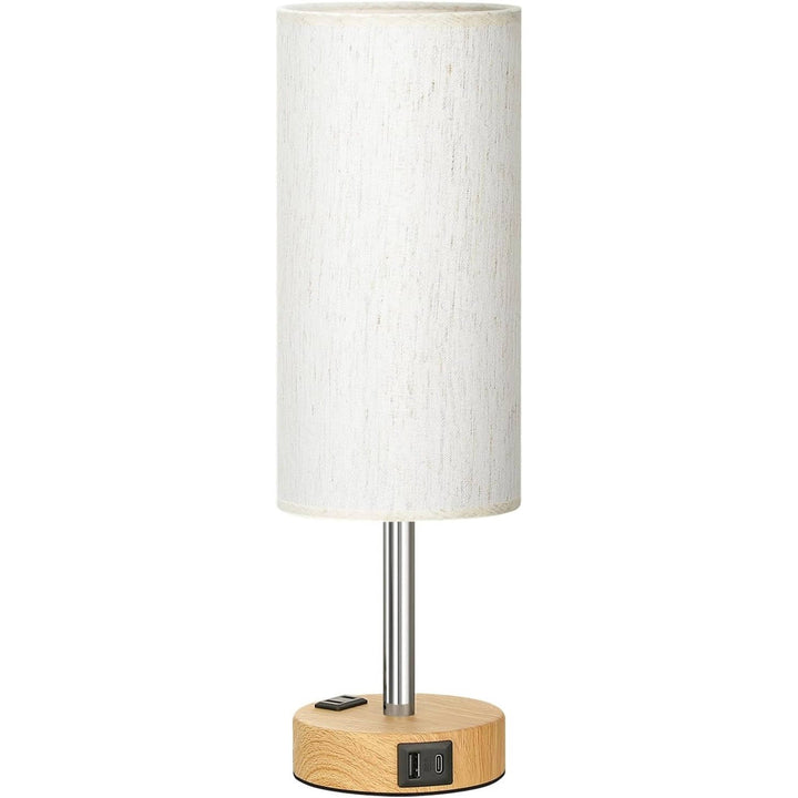 Bedside Table Lamp with Wood Base USB-C Charging Ports and AC Outlet