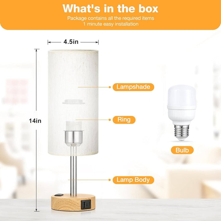 Bedside Table Lamp with Wood Base USB-C Charging Ports and AC Outlet