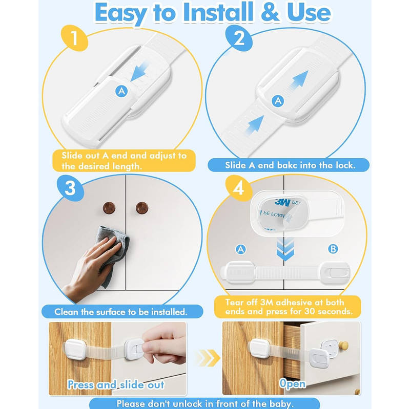 Child Safety Cabinet Locks Adjustable Adhesive Straps for Drawers