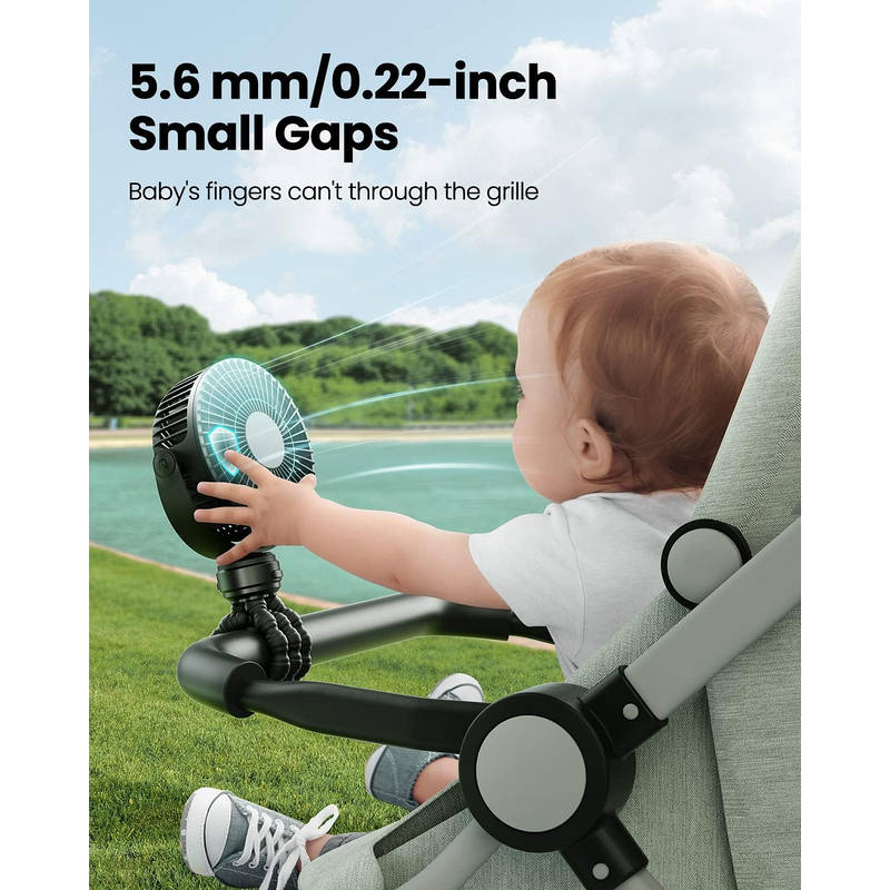 Portable Baby Stroller Fan USB Rechargeable Quiet Clip-On with LED