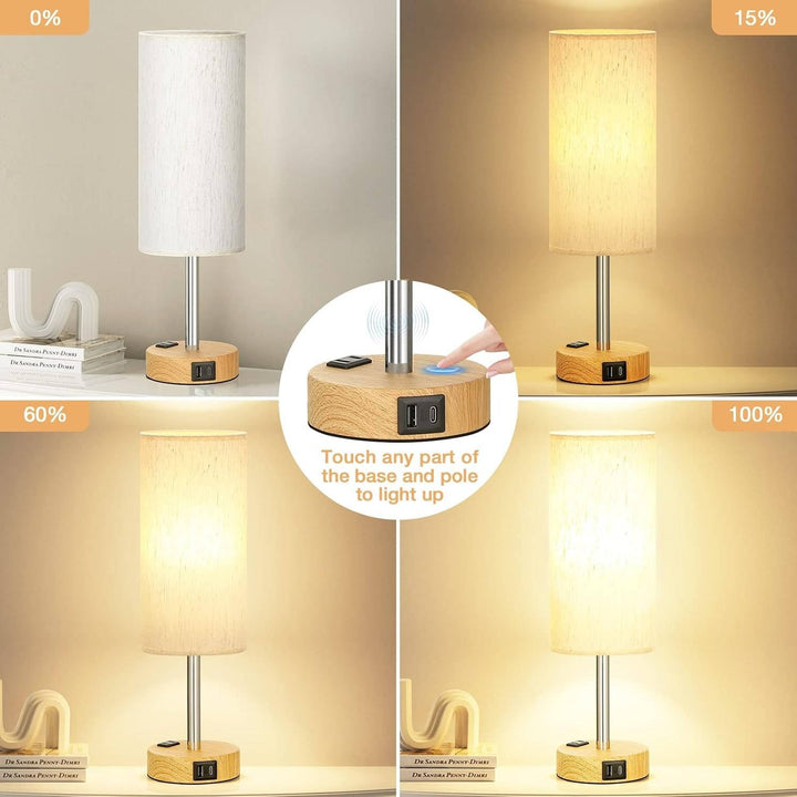Bedside Table Lamp with Wood Base USB-C Charging Ports and AC Outlet