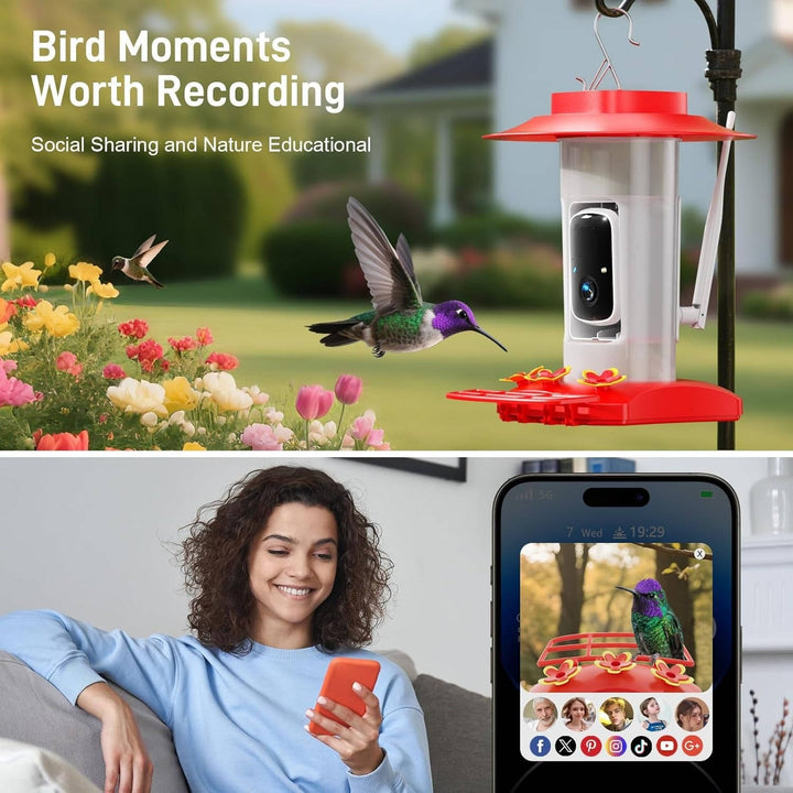 Outdoor Hummingbird Feeder with 21oz Capacity HD 2K Camera Solar