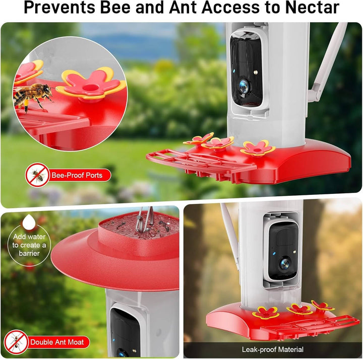 Outdoor Hummingbird Feeder with 21oz Capacity HD 2K Camera Solar