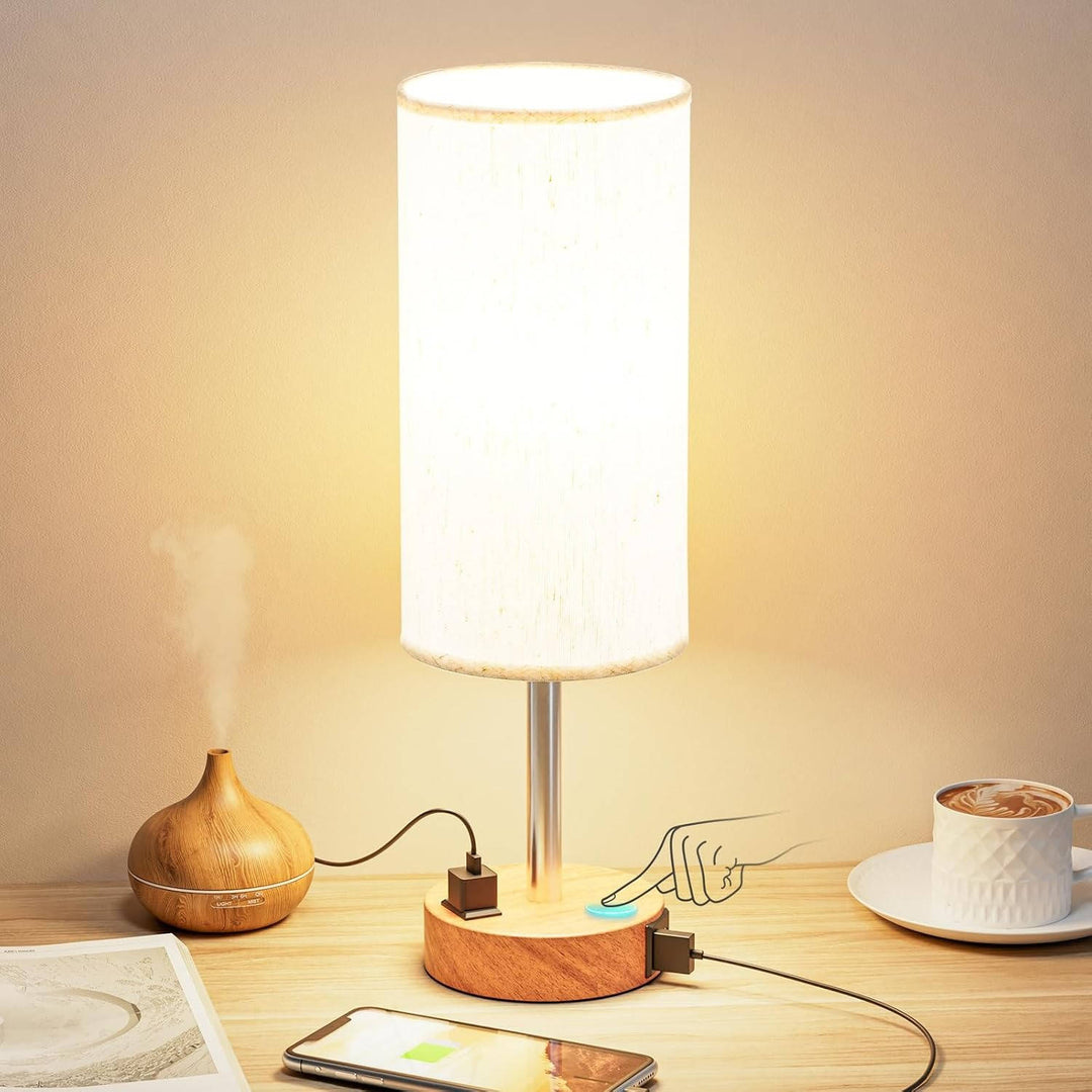 Bedside Table Lamp with Wood Base USB-C Charging Ports and AC Outlet - Lenila