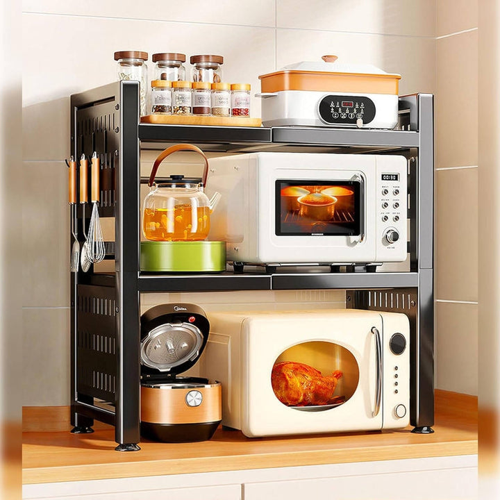 Expandable Kitchen Microwave Stand with Utensil Hooks Countertop