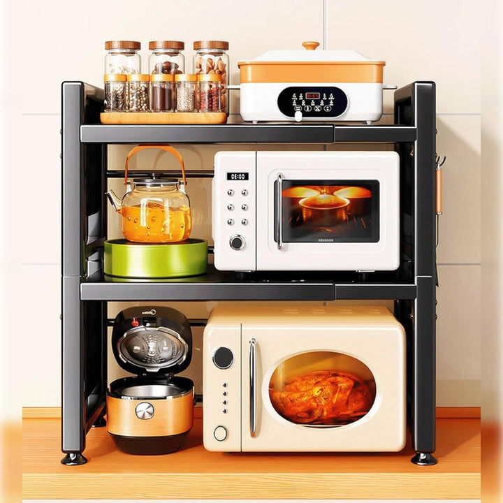 Expandable Kitchen Microwave Stand with Utensil Hooks Countertop