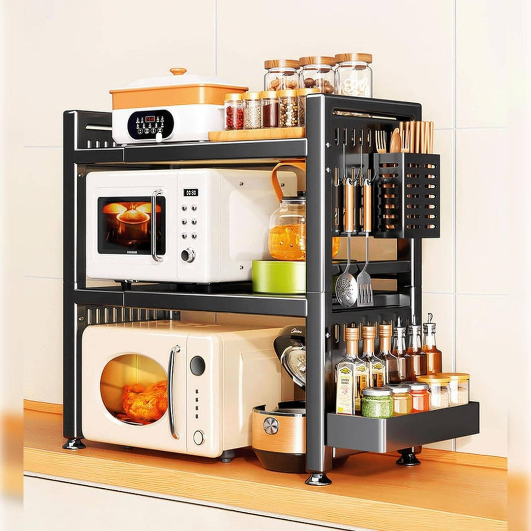 Expandable Kitchen Microwave Stand with Utensil Hooks Countertop