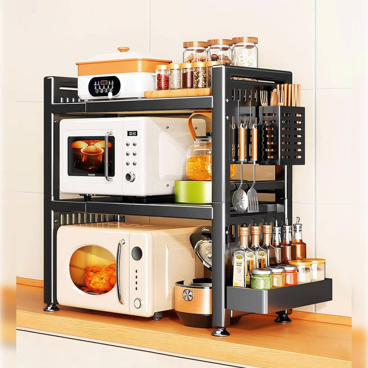 Expandable Kitchen Microwave Stand with Utensil Hooks Countertop