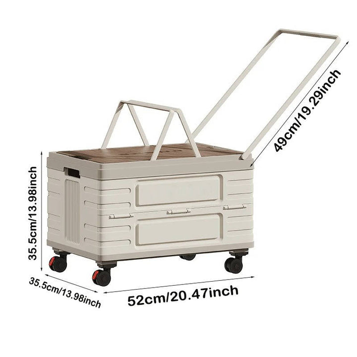 Portable Outdoor Storage Box with Wood Lid Foldable Rolling Cart