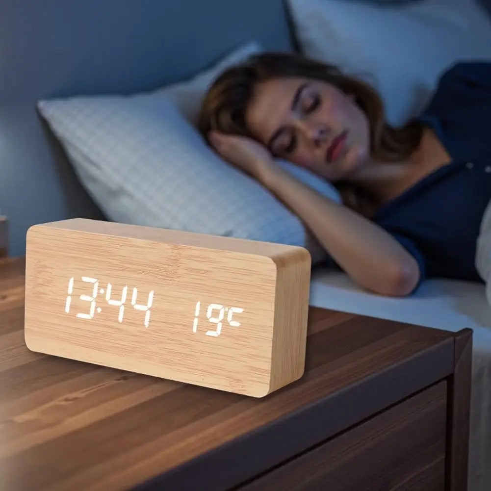 Digital Wooden Alarm Clock with Sound Control and LED Display