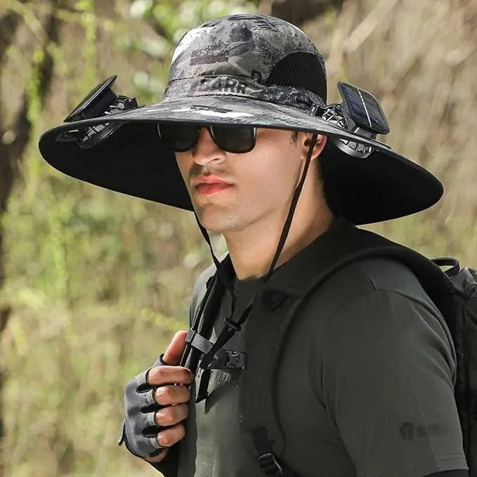 Outdoor Sun Hat with Solar Fans UV Protection Wide Brim