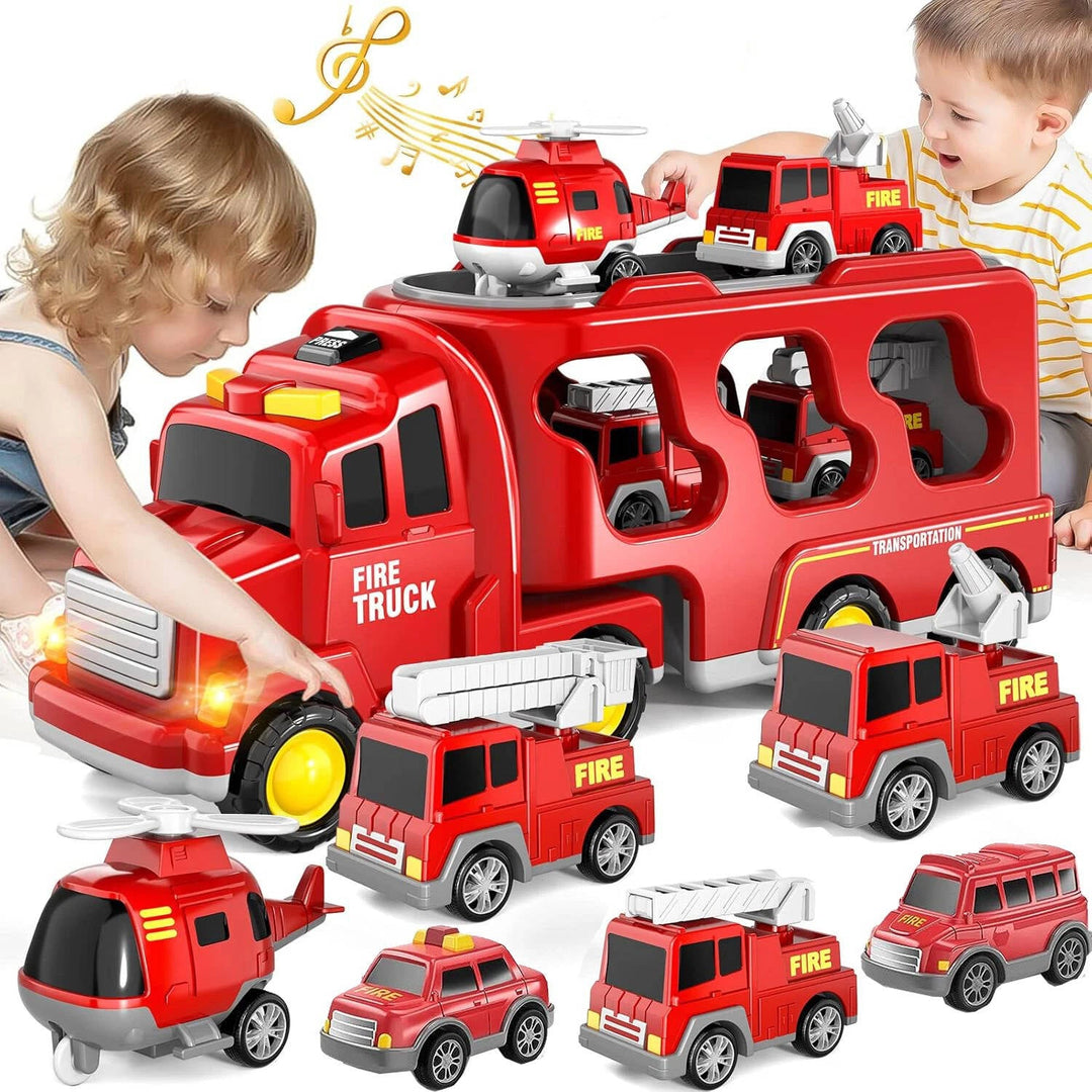 Kids Fire Truck Carrier Toy Set with Lights Sound and Helicopter - Lenila