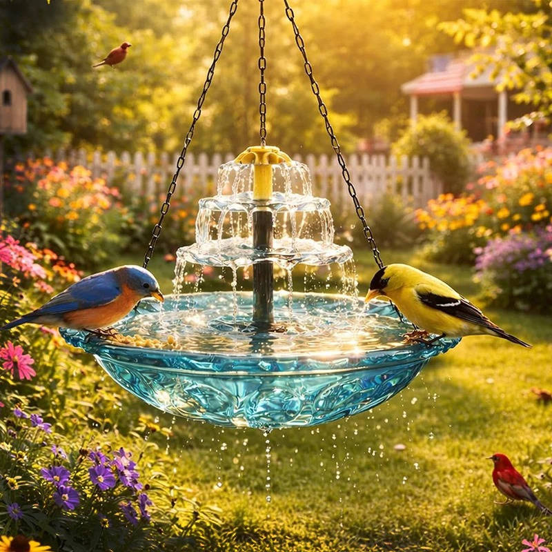 Outdoor Solar-Powered Hanging Bird Bath Fountain with Automatic Pump
