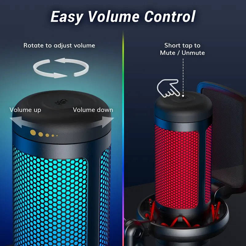 USB Gaming Microphone with RGB Lighting One Tap Mute Sound Control