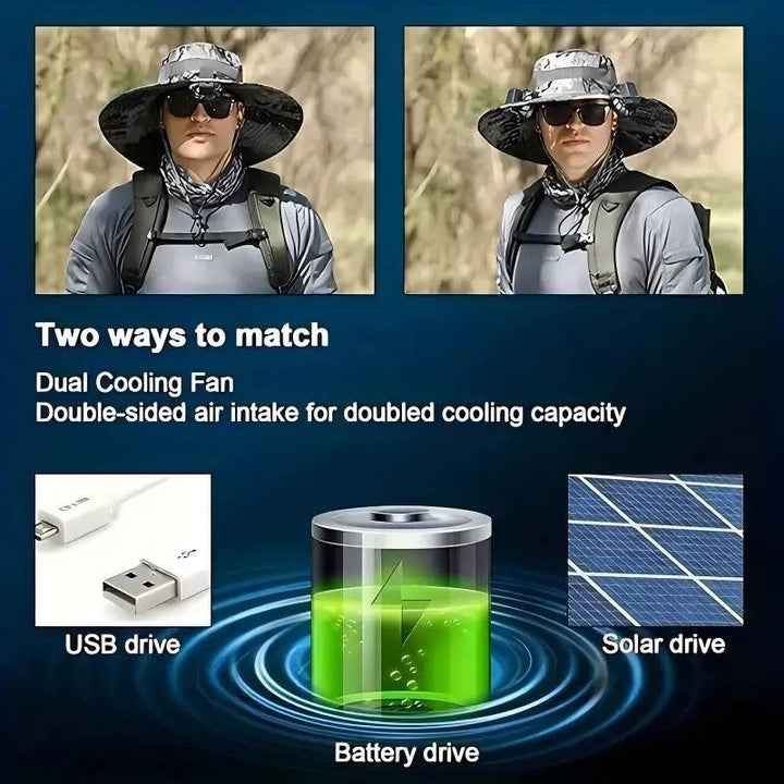 Outdoor Sun Hat with Solar Fans UV Protection Wide Brim