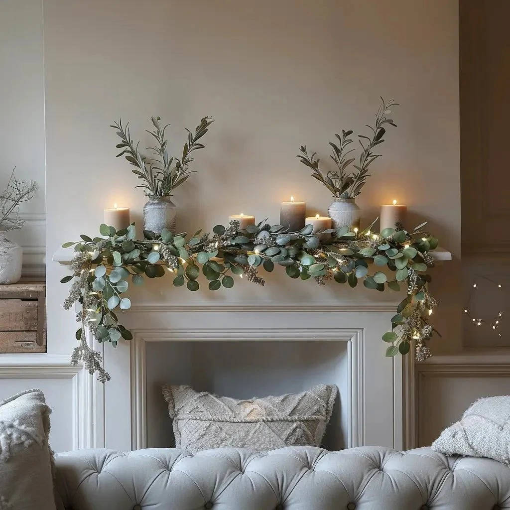 Decorative Eucalyptus Garland with Fairy Lights for Mantel