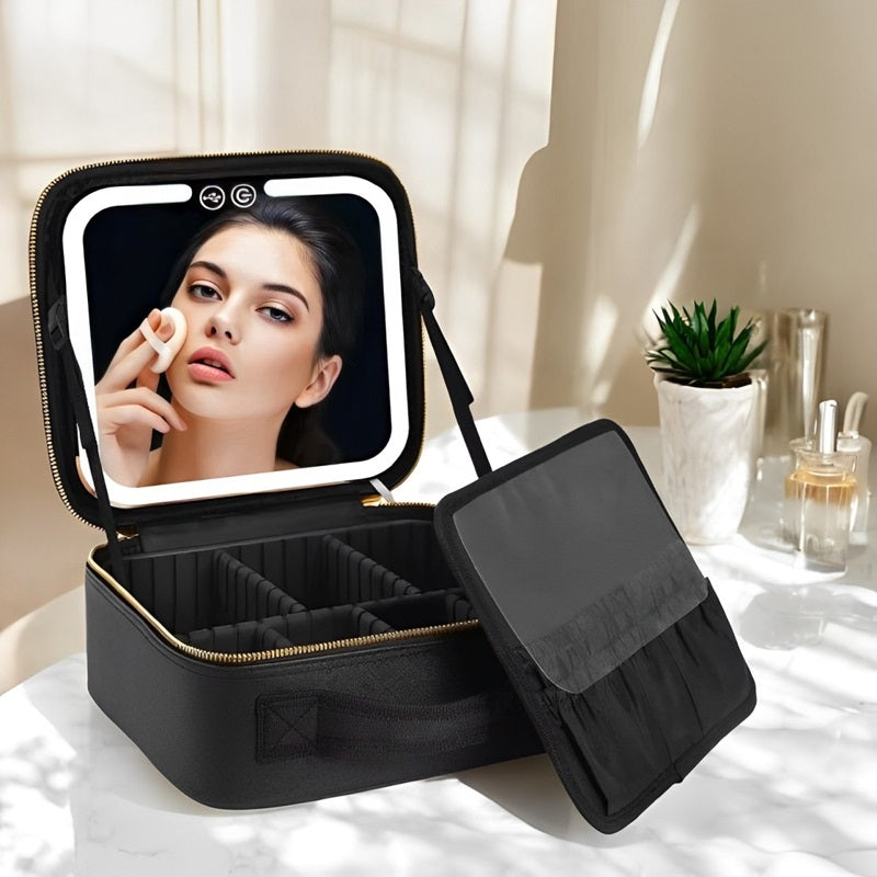 Travel Makeup Bag with LED Mirror and Spacious Compartments - Lenila