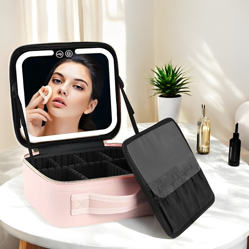 Travel Makeup Bag with LED Mirror and Spacious Compartments