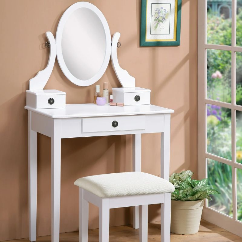 Makeup Vanity Set with Mirror and Upholstered Stool