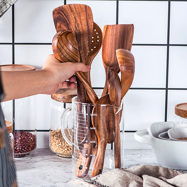 Teak Wood 8-Piece Cooking Utensil Set Heat-Resistant Handles