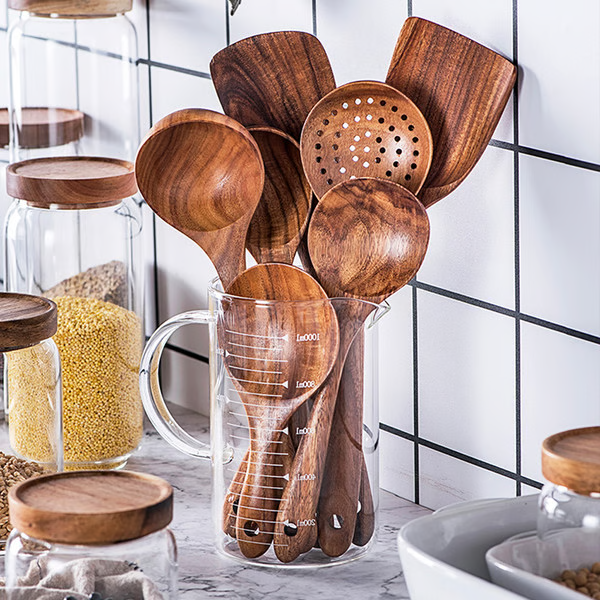 Teak Wood 8-Piece Cooking Utensil Set Heat-Resistant Handles