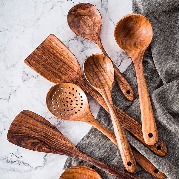 Teak Wood 8-Piece Cooking Utensil Set Heat-Resistant Handles - Lenila