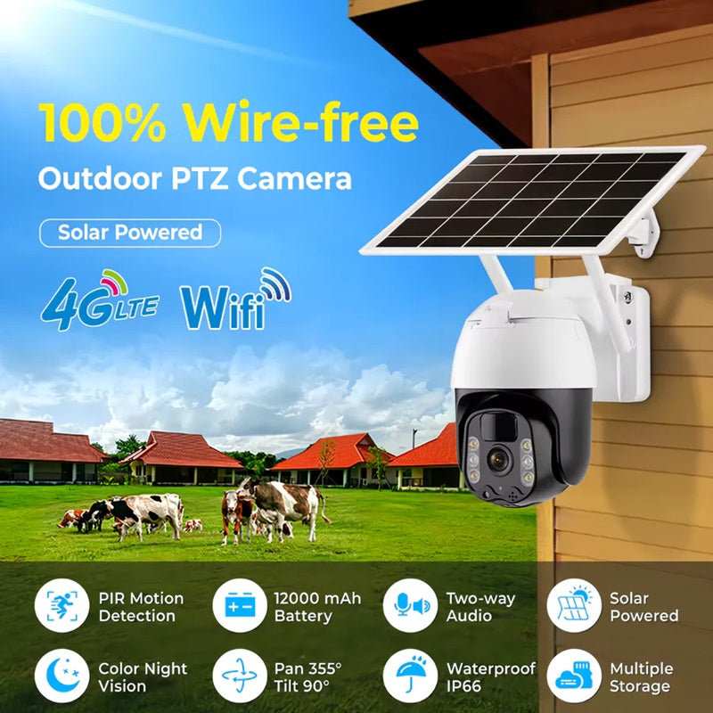 Wireless Solar-Powered PTZ Security Camera with Auto-Tracking Night