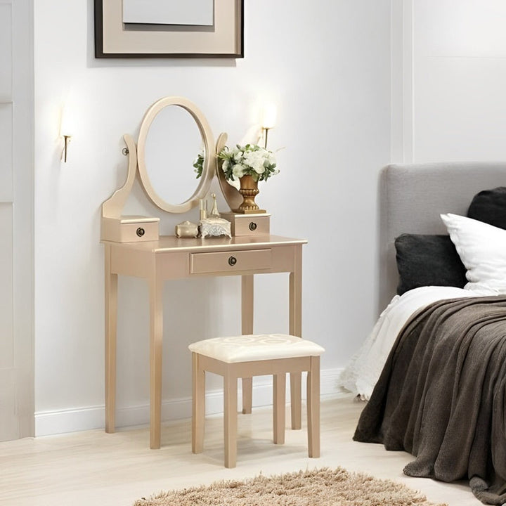 Makeup Vanity Set with Mirror and Upholstered Stool - Lenila