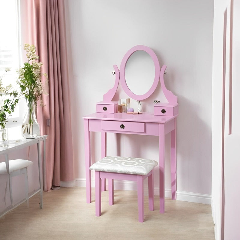 Makeup Vanity Set with Mirror and Upholstered Stool