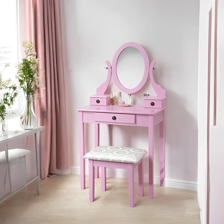 Makeup Vanity Set with Mirror and Upholstered Stool